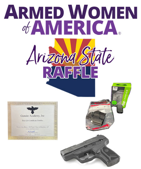 Armed Women of America Arizona State RAFFLE logo with state image and prizes shown